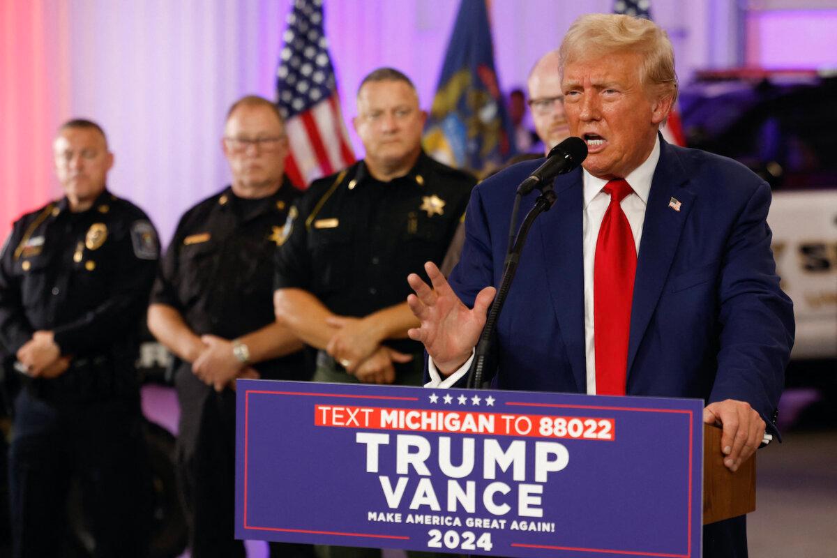Former President and Republican presidential candidate Donald Trump delivers remarks on crime and safety at the Livingston County Sheriff's Office in Howell, Mich., on Aug. 20, 2024. (Jeff Kowalsky/AFP via Getty Images)