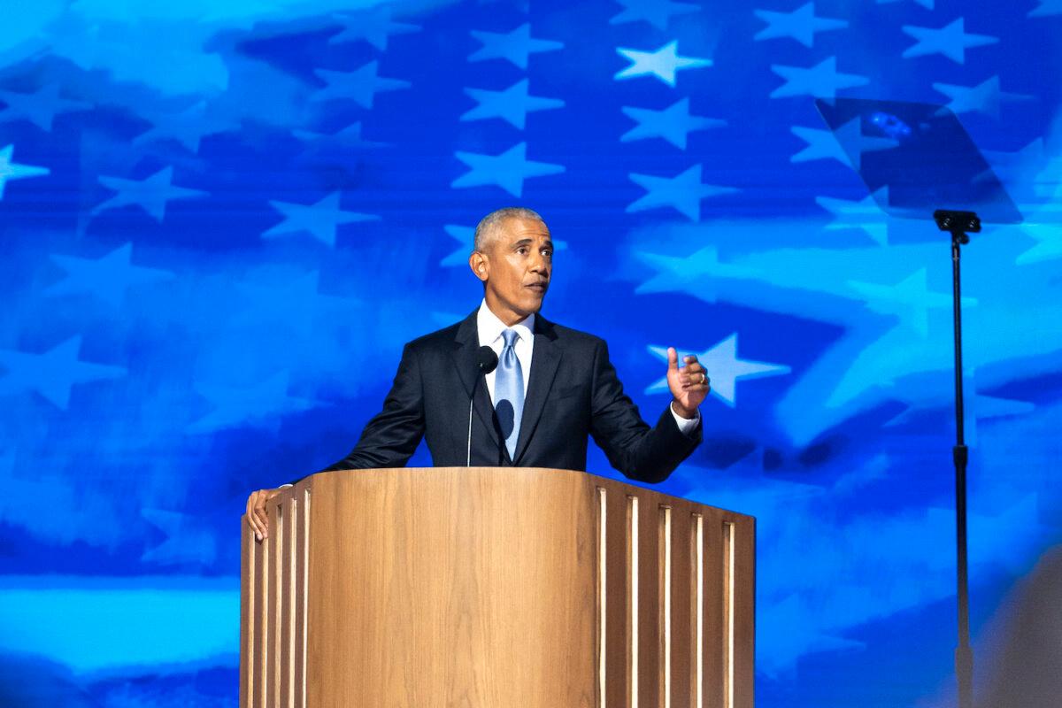 Former President Barack Obama speaks during the second day of the Democratic National Convention (DNC) at the United Center in Chicago on Aug. 20, 2024. (Madalina Vasiliu/The Epoch Times)