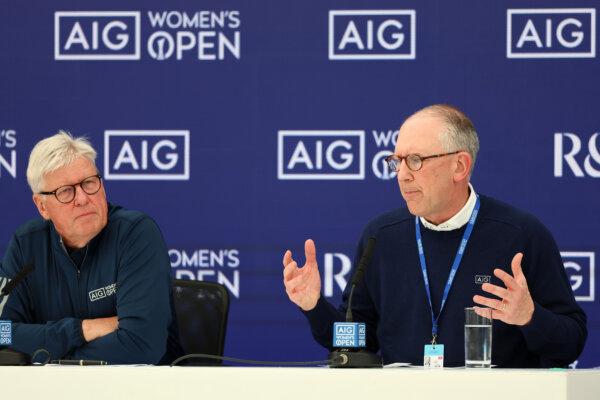 AIG Chairman & Chief Executive Officer Peter Zaffino speaks to the media ahead of the AIG Women's Open at St. Andrews Old Course in St Andrews, Scotland, on Aug. 21, 2024. (Luke Walker/Getty Images)