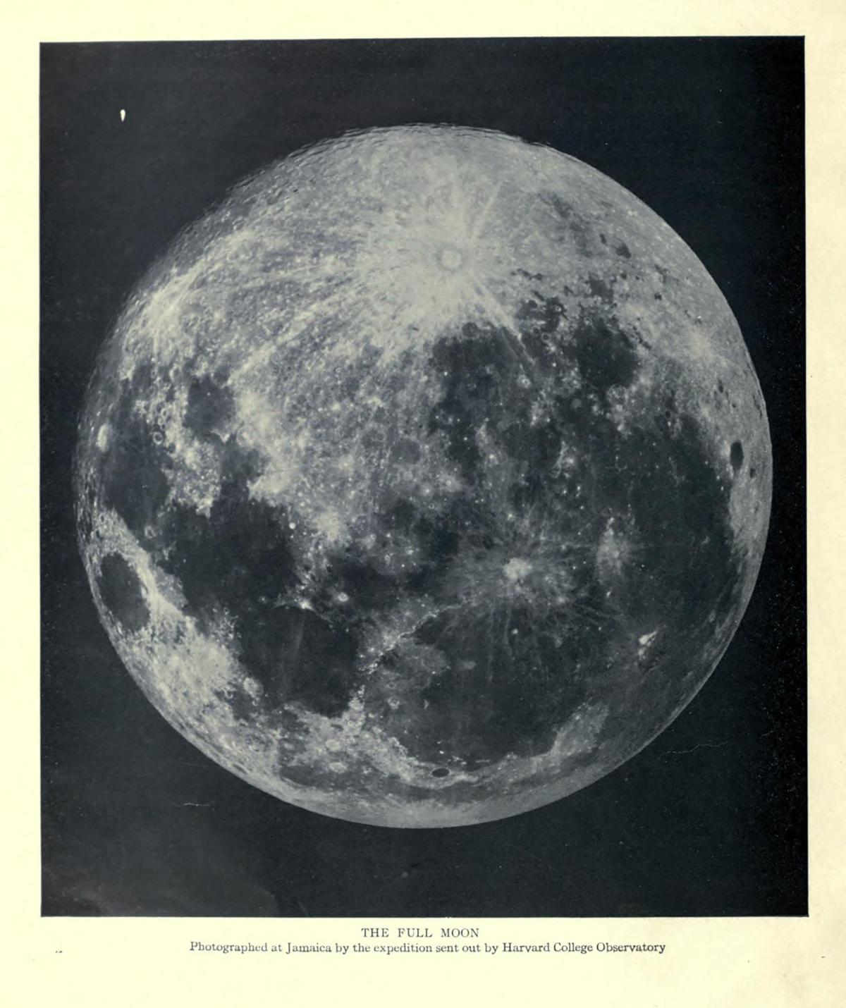 Frontispiece of the full moon from "The Moon: A Summary of the Existing Knowledge of Our Satellite," 1903, by William Henry Pickering. Internet Archive. (Public Domain)