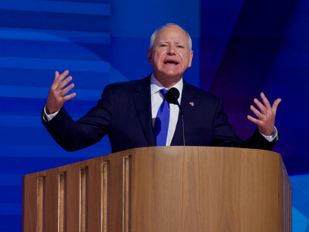 Gov. Tim Walz's delivers his speech at the Democratic National Convention in Chicago, Illinois on Aug. 21, 2024. (Travis Gillmore/The Epoch Times)