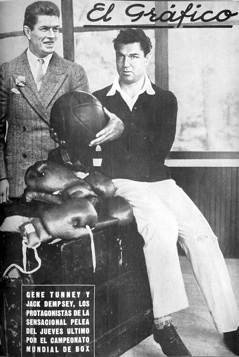 Argentine sports magazine "El Gráfico" features boxers Gene Tunney and Jack Dempsey on its cover. The two men boxed in a famous 1927 match called "The Long Count Fight." It was broadcast over more than 60 radio stations in the United States. (Public Domain)