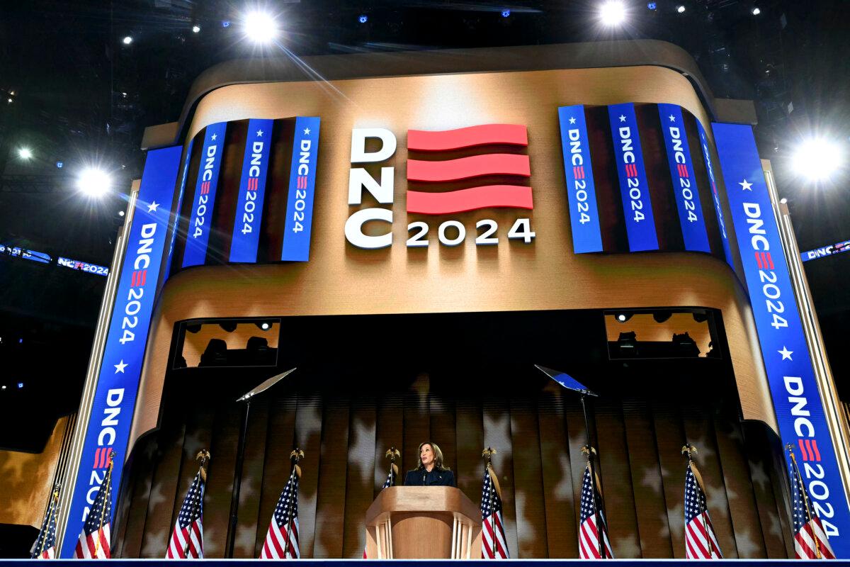 Vice President Kamala Harris speaks on the fourth and last day of the Democratic National Convention  at the United Center in Chicago on Aug. 22, 2024. (Andrew Caballero-Reynolds/AFP via Getty Images)