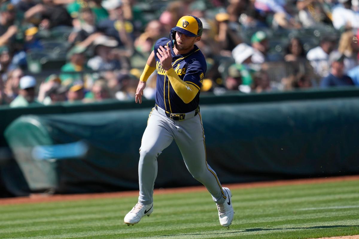Bauers Homers and Scores 3 Times to Pace Brewers Past Athletics 9–5