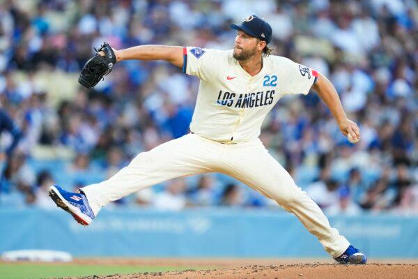 Los Angeles Dodgers starting pitcher Clayton Kershaw prepares to throw during the second inning of a baseball game against the Tampa Bay Rays in Los Angeles on Aug. 24, 2024. (Ashley Landis/AP Photo)