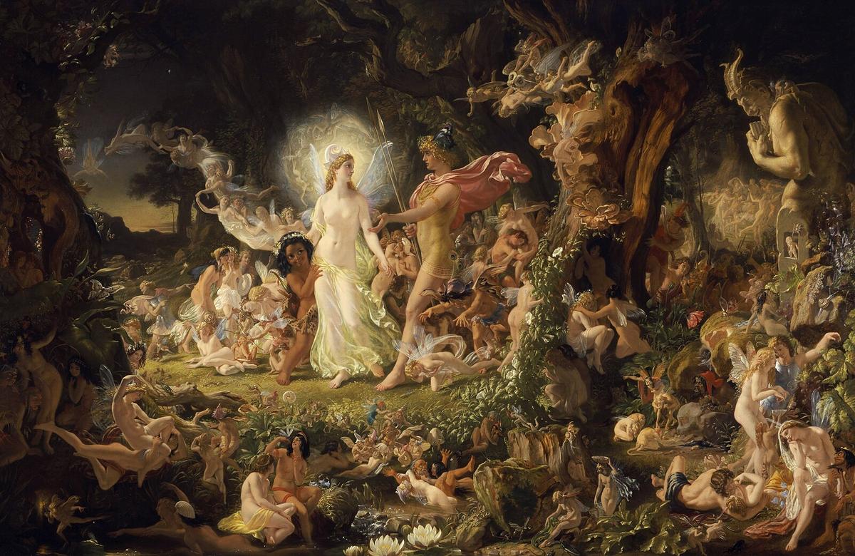 "The Quarrel of Oberon and Titania," 1849, by Joseph Noel Paton. Oil on canvas; 38 9/10 inches by 59 4/5 inches. Scottish National Gallery, Edinburgh. (Public Domain)