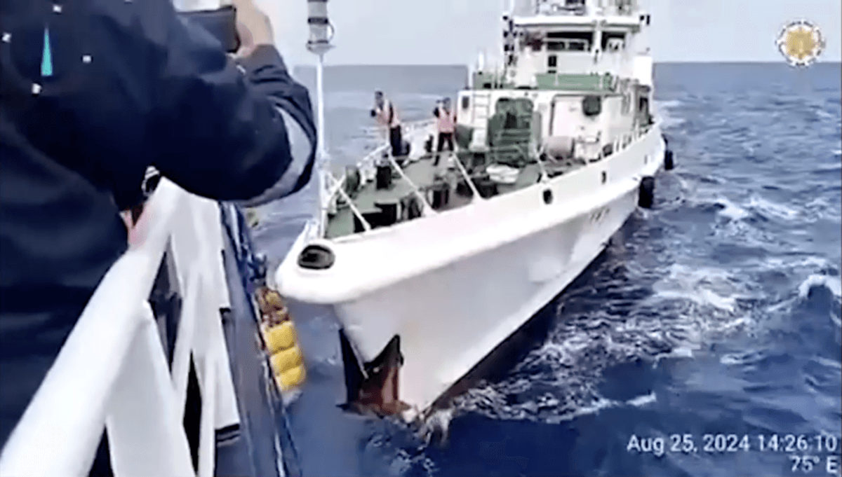 The moment of a collision between coast guard vessels from China and the Philippines on Aug. 25, 2024. (National Task Force for the West Philippine Sea via Reuters/Screenshot via The Epoch Times)