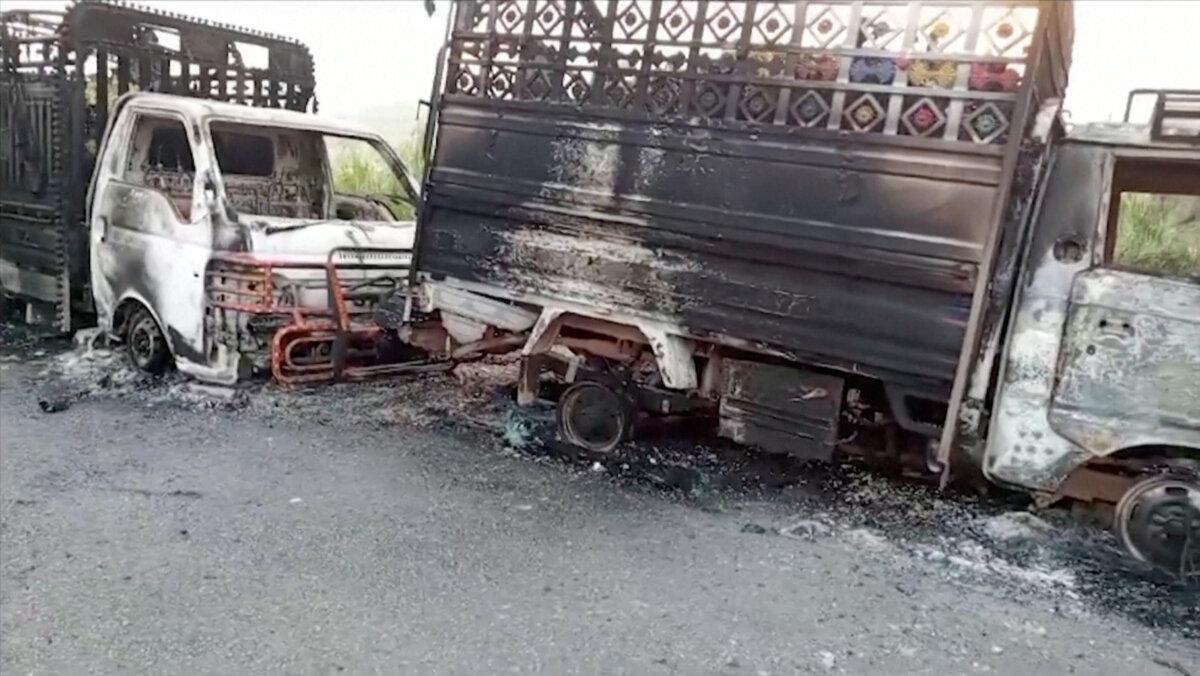 A view shows charred vehicles, after separatist militants conducted deadly attacks, according to officials, in Balochistan province, Pakistan, Aug. 26, 2024, in this screengrab obtained from a video. (Reuters TV via REUTERS)