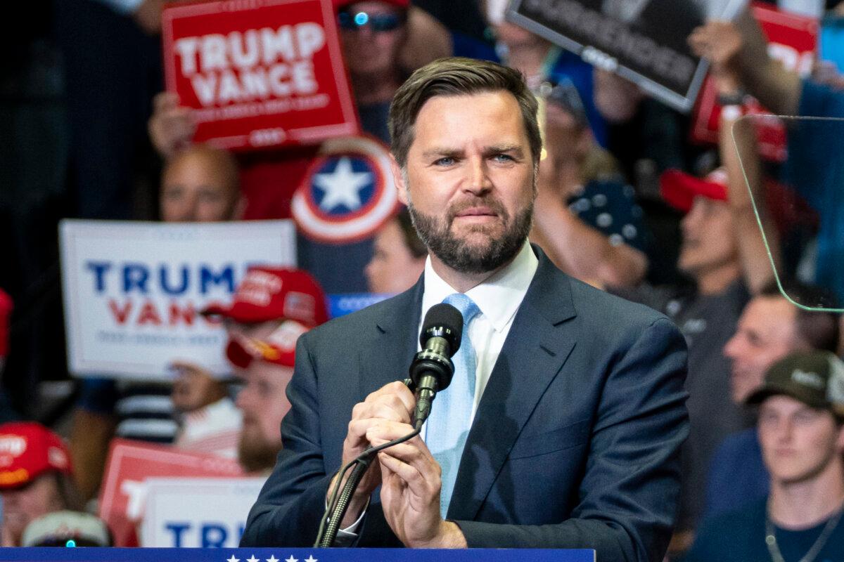 Republican vice presidential nominee Sen. JD Vance speaks at the Van Andel Arena in Grand Rapids, Mich., on July 20, 2024. (Madalina Vasiliu/The Epoch Times)