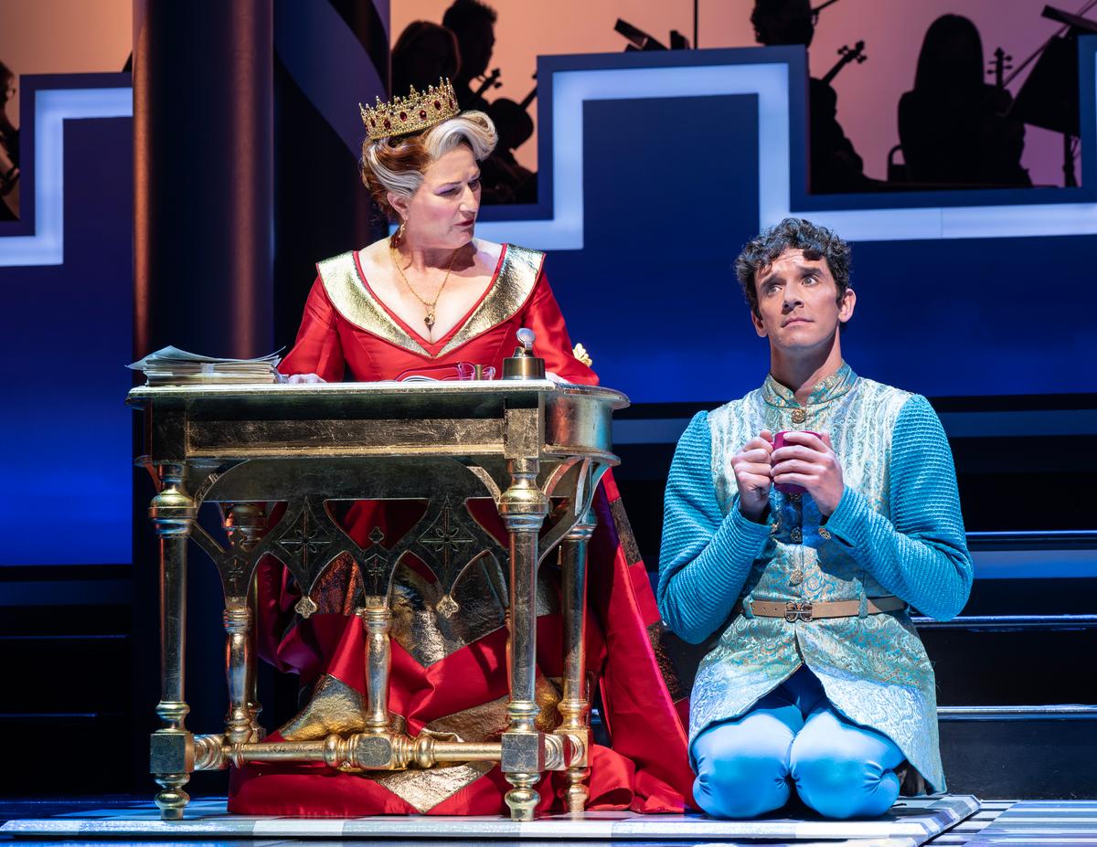 Queen Aggravain (Ana Gasteyer) is a domineering force in the life of her son, Prince Dauntless (Michael Urie). (Joan Marcus)
