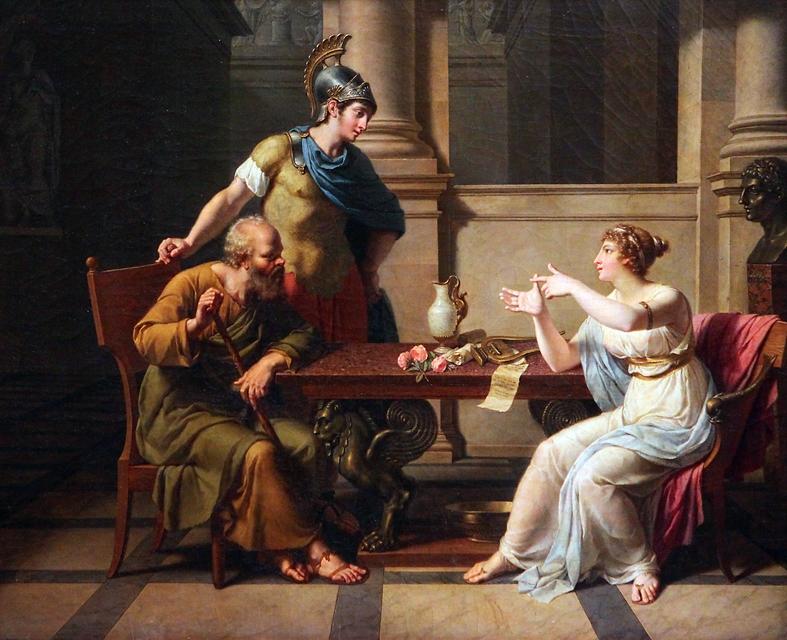 "The Debate of Socrates and Aspasia," by Nicolas-André Monsiau. Socrates's discussions were not limited to a small elite group; he engaged in dialogues with foreigners and with people from all social classes and of all genders. (Public Domain)