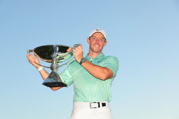 Rory McIlroy of Northern Ireland celebrates with the FedEx Cup after winning during the final round of the TOUR Championship at East Lake Golf Club in Atlanta on Aug. 28, 2022. (Kevin C. Cox/Getty Images)