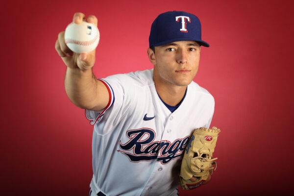 Pitcher Jack Leiter (83) of the Texas Rangers poses for a portrait during media day at Surprise Stadium in Surprise, Arizona on February 21, 2023. (Christian Petersen/Getty Images)