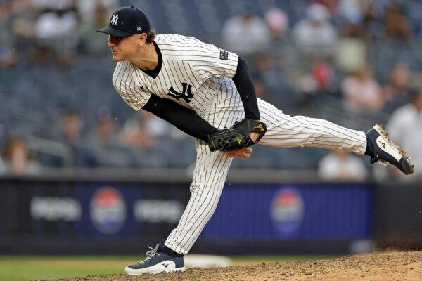 Mark Leiter Jr. (38) of the New York Yankees pitches during the ninth inning against the Toronto Blue Jays at Yankee Stadium in New York City on August 4, 2024. (Adam Hunger/Getty Images)