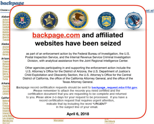An image of the homepage of Backpage.com shows logos of U.S. law enforcement agencies after they closed the website in 2018. (Screenshot/The Epoch Times)