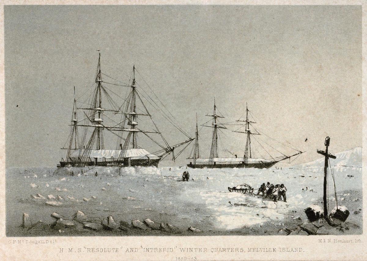 An 1852 print of the HMS Resolute and HMS Intrepid in winter harbor, based on a drawing by George Frederick McDougall. (Public Domain)