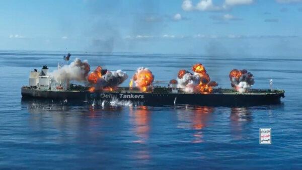 Explosions on the Greek-flagged oil tanker Sounion in the Red Sea after Yemen's Houthi terrorists boarded and set explosives on the tanker, in a still from video released on Aug. 29, 2024. (Ansar Allah media office via AP)