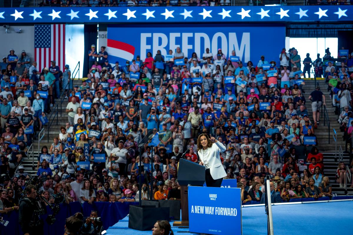 Democratic Party presidential nominee Vice President Kamala Harris speaks at Enmarket Arena in Savannah, Ga., on Aug. 29, 2024. (Madalina Vasiliu/The Epoch Times)