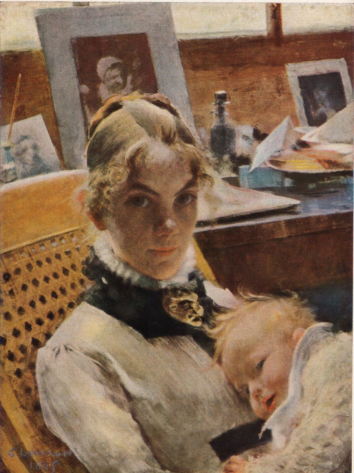 “A Studio Idyll. The Artist's Wife and Their Daughter,” 1885, by Carl Larsson. Pastel; 26 inches by 19 3/4 inches. National Museum, Stockholm. (PD–US)