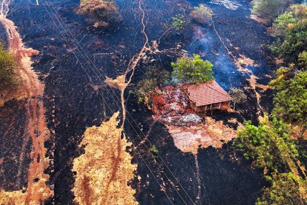 An aerial view shows a house destroyed by a fire in the surroundings of the SP-330 highway in Ribeirao Preto, Sao Paulo state, Brazil, on Aug. 25, 2024.