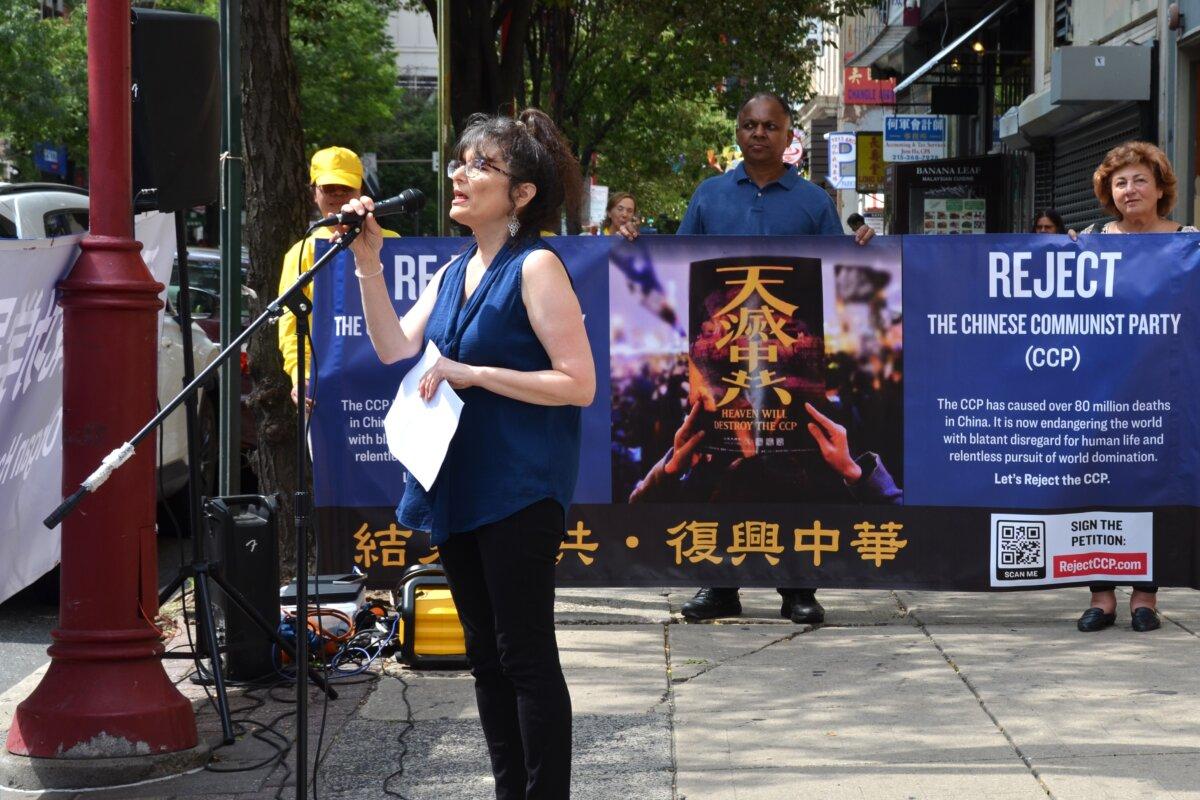 Christine Flowers, a well-known immigration attorney and columnist, speaks at a rally in Philadelphia Chinatown on Aug. 31, 2024. (Frank Liang/The Epoch Times)
