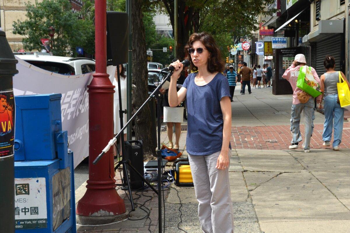 Dr. Jessica Russo, a representative of Doctors Against Forced Organ Harvesting (DAFOH), speaks at a rally in Philadelphia Chinatown on Aug. 31, 2024. (Frank Liang/The Epoch Times)