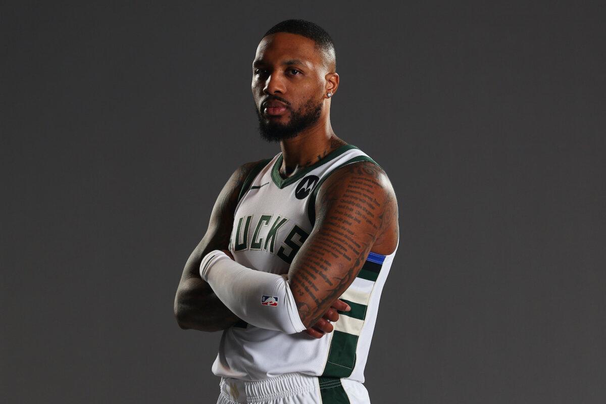 Damian Lillard #0 of the Milwaukee Bucks poses for a portrait during media day at the Fiserv Forum in Milwaukee, Wis., on Sept. 30, 2024. (Stacy Revere/Getty Images)