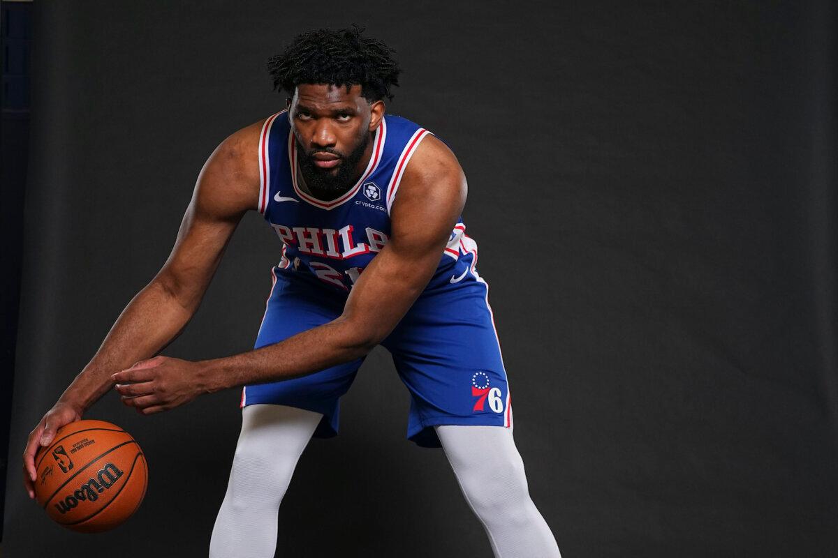 Joel Embiid #21 of the Philadelphia 76ers poses for a picture at media day at 76ers Training Complex in Camden, N.J. on Sept. 30, 2024. (Mitchell Leff/Getty Images)