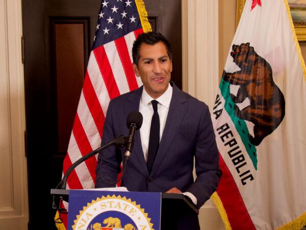 Assembly Speaker Robert Rivas speaks with reporters early in the early morning hours Sept. 1 at the Capitol after the 2023-2024 legislative session ended. (Travis Gillmore/The Epoch Times)