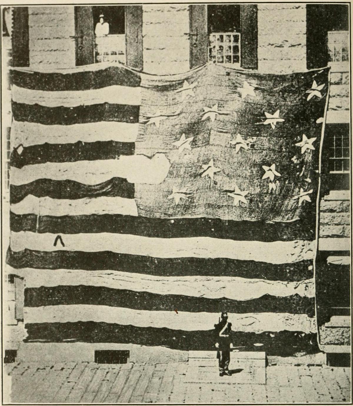 Pickersgill's Star Spangled Banner Flag displayed in 1873 at the Boston Navy Yard. (Public Domain)