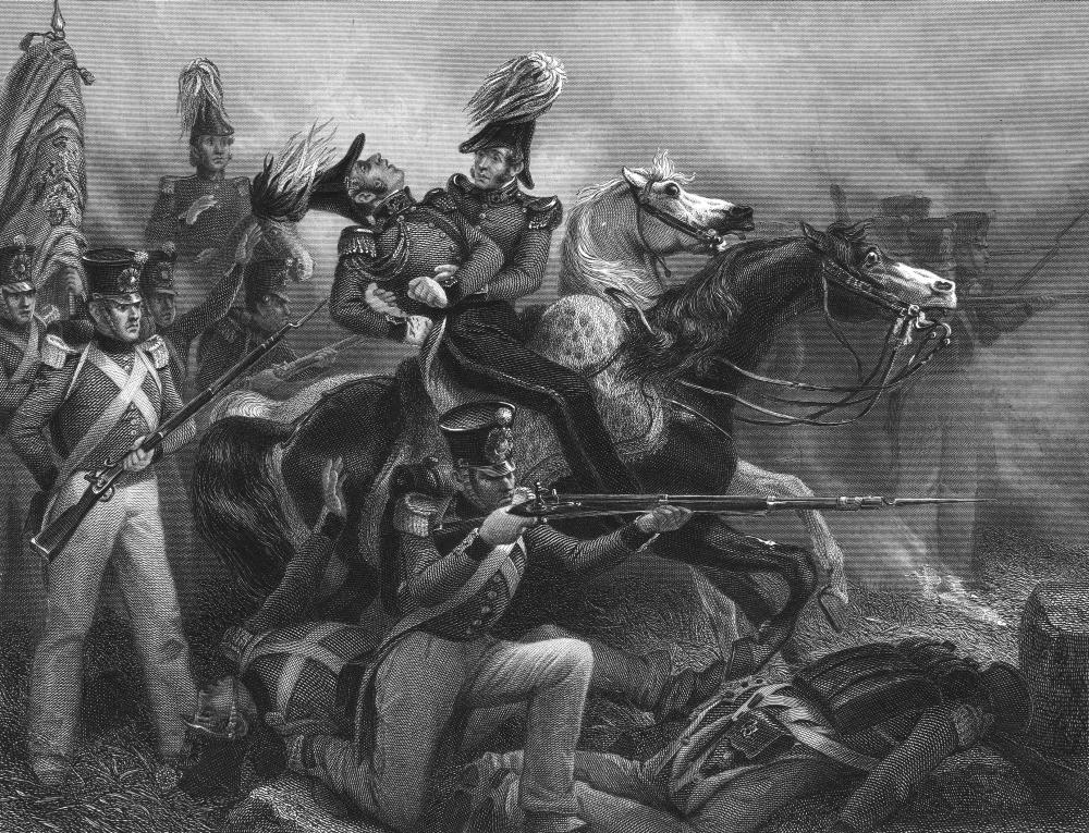 The death of British Gen. Robert Ross at North Point, Maryland, while advancing on Baltimore, Sept. 12, 1814, during the War of 1812. Steel engraving, American, 1858, after Alonzo Chappel. (Public Domain)