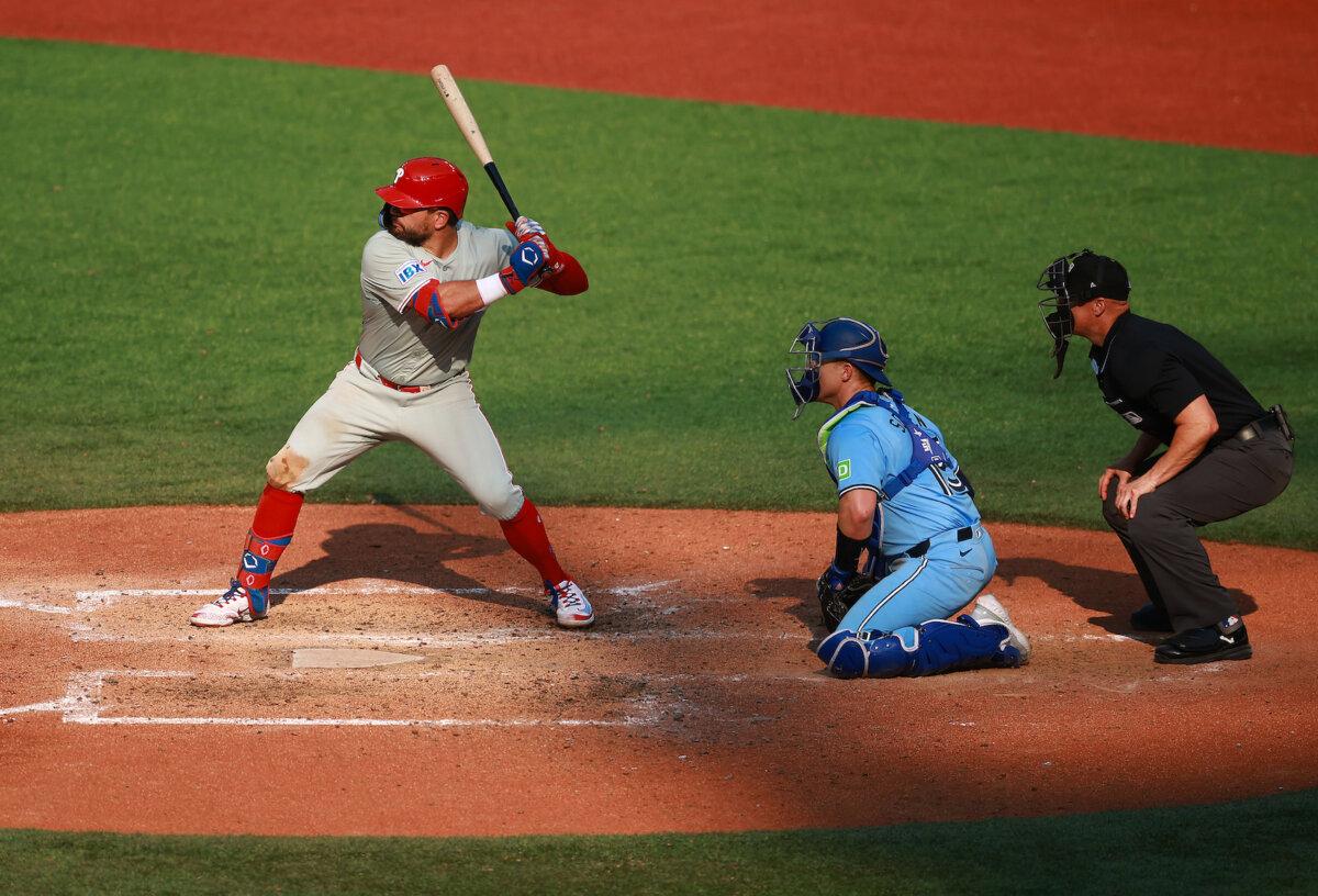 Kyle Schwarber #12 of the Philadelphia Phillies bats in the seventh inning during a game against the Toronto Blue Jays at Rogers Centre in Toronto, Ontario, Canada on Sept. 4, 2024. (Vaughn Ridley/Getty Images)