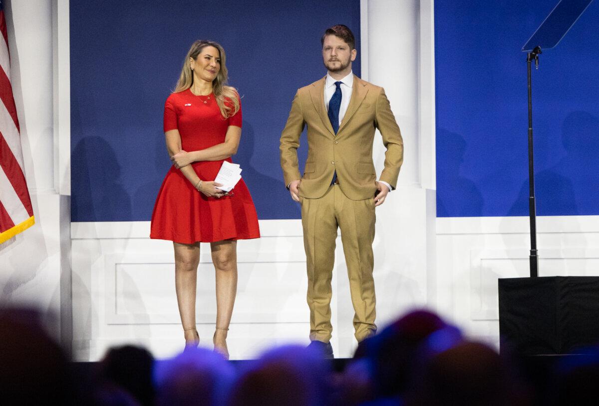 Democrat Shabbos Kestenbaum (R) and former Democrat Maren Faiella speak at the 2024 Republican Jewish Coalition meeting in Las Vegas, Nev., on Sept. 5, 2024. (John Fredricks/The Epoch Times)