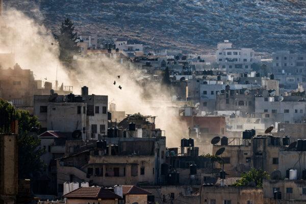 Smoke rises during an ongoing Israeli military raid in Jenin, West Bank, on Sept. 5, 2024. (Zain Jaafar/AFP via Getty Images)