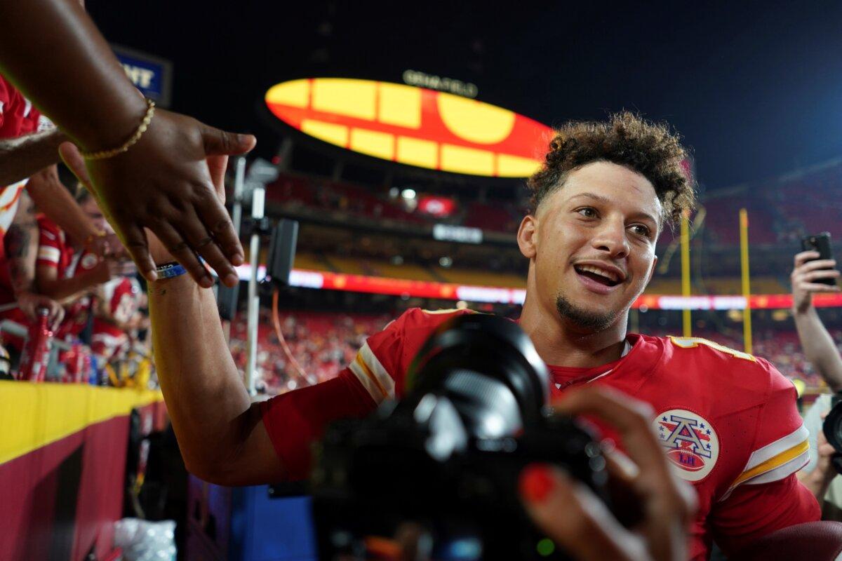 Kansas City Chiefs quarterback Patrick Mahomes celebrates as he heads off the field following an NFL football game against the Baltimore Ravens, in Kansas City, Mo, on Sept. 5, 2024. (Ed Zurga/AP Photo)