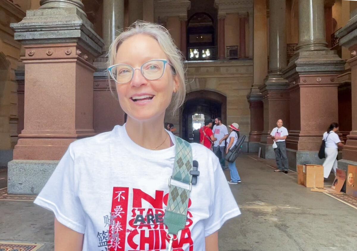 Eileen Ryan, a history professor at Temple University, at the rally outside Philadelphia City Hall on Sept. 7, 2024. (Frank Liang/The Epoch Times)