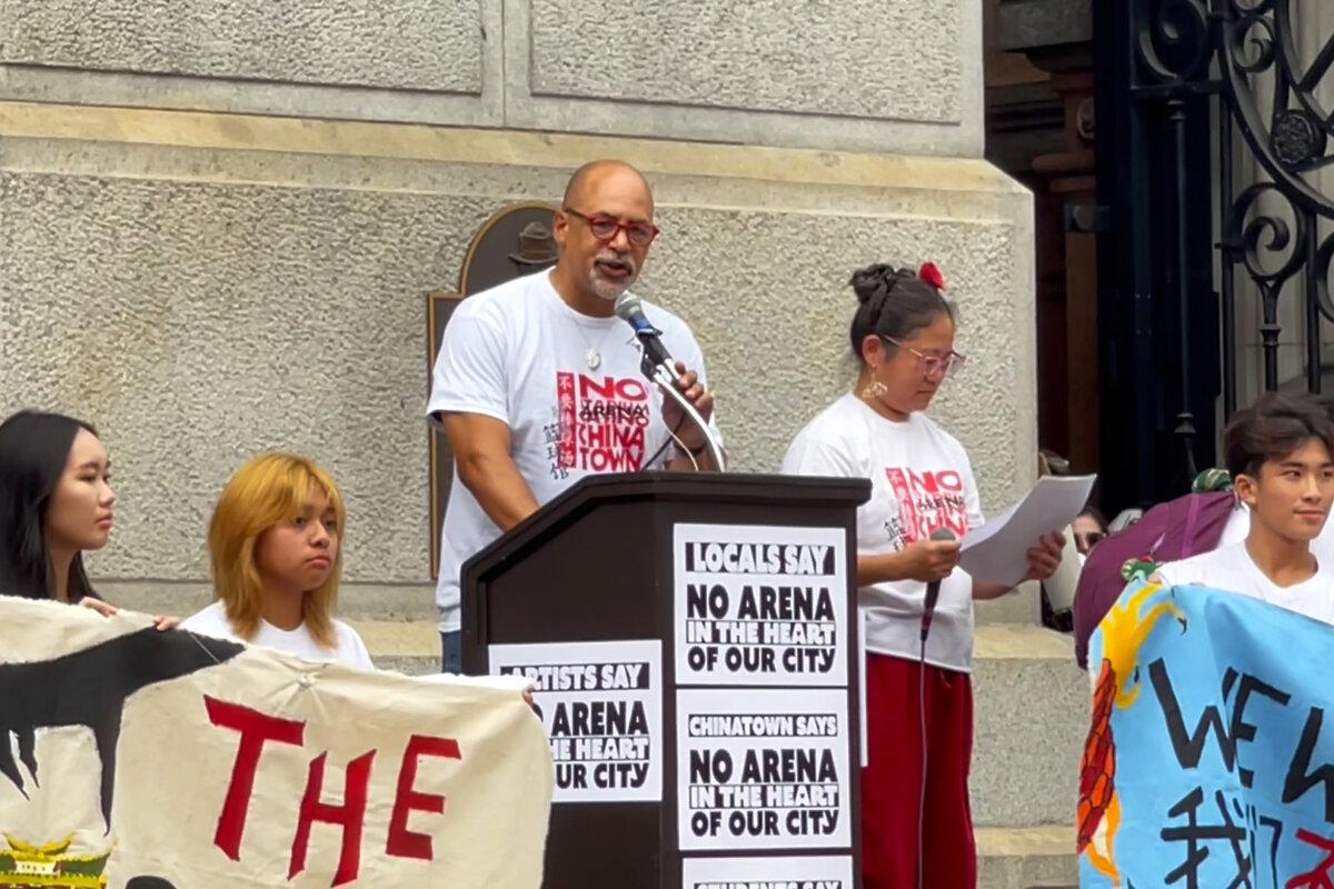 State Rep. Christopher Rabb speaks at the rally outside Philadelphia City Hall on Sept. 7, 2024. (Frank Liang/The Epoch Times)