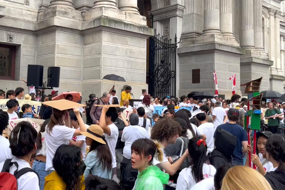 State Senator Nikil Saval speaks at the rally outside Philadelphia City Hall on Sept. 7, 2024. (Frank Liang/The Epoch Times)