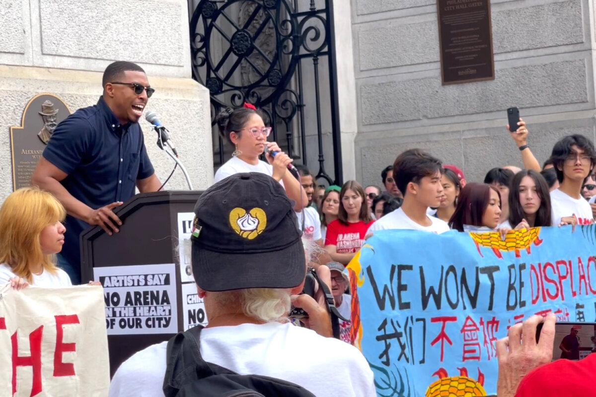 Philadelphia City Councilman Nicolas O’Rourke speaks at the rally outside Philadelphia City Hall on Sept. 7, 2024. (Frank Liang/The Epoch Times)