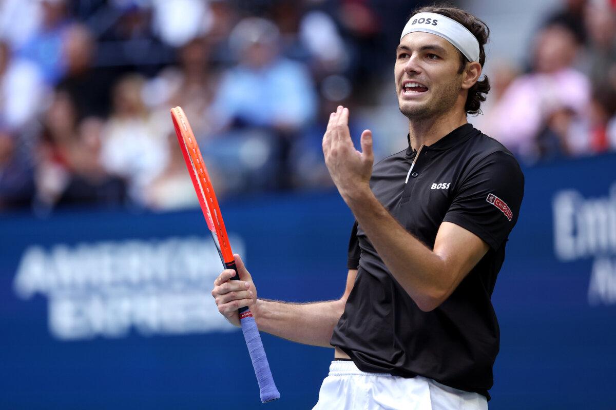 Taylor Fritz of the United States reacts after a point against Jannik Sinner of Italy during their men's singles final match of the 2024 U.S. Open at USTA Billie Jean King National Tennis Center in the Flushing neighborhood of the Queens borough of New York City on Sept. 8, 2024. (Matthew Stockman/Getty Images)