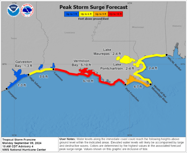 Tropical Storm Francine Forms in Gulf, Expected to Hit Louisiana | USNN World News The National Hurricane Center’s projected storm surge from Tropical Storm Francine as of 10 a.m. local time on Sept. 9, 2024. (National Hurricane Center/National Weather Service)