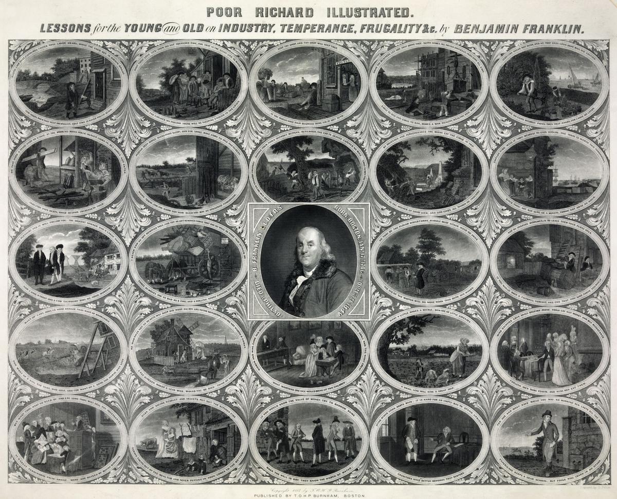 A 19th-century print based on "Poor Richard's Almanack," showing the author surrounded by 24 illustrations of many of his best-known sayings. (Public Domain)