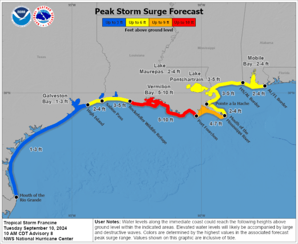 The National Hurricane Center’s projected storm surge from Tropical Storm Francine as of 10 a.m. CT on Sept. 10, 2024. (National Hurricane Center/National Weather Service)