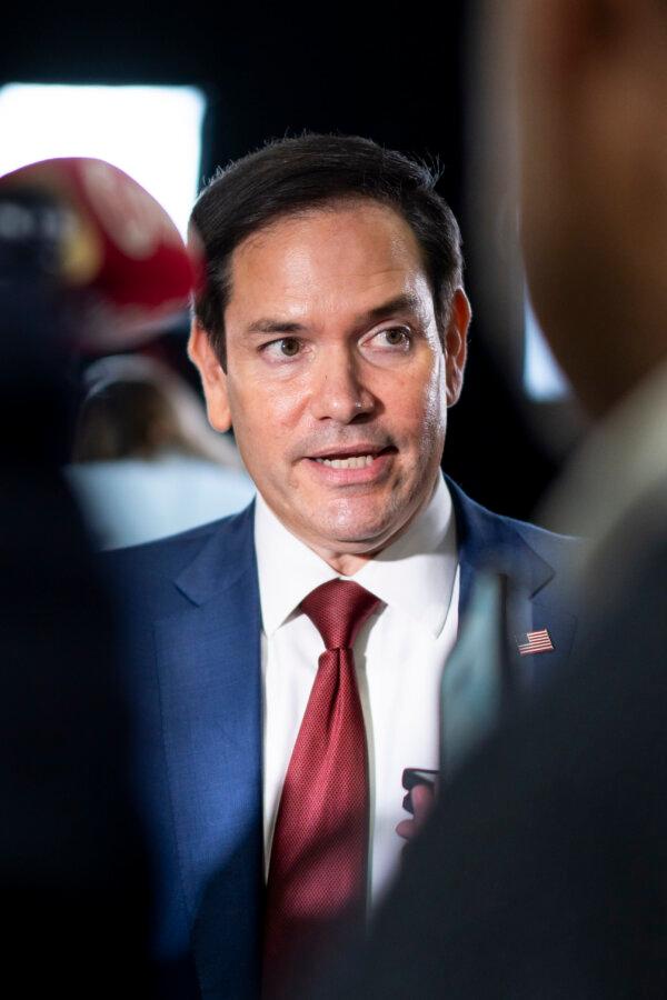 Sen. Marco Rubio (R-Fla.) speaks to reporters at the media filing center and spin room at the Pennsylvania Convention Center ahead of the presidential debate between Republican nominee former President Donald J. Trump and Democratic nominee Vice President Kamala Harris in Philadelphia, Pa., on Sept. 10, 2024. (Madalina Vasiliu/The Epoch Times)