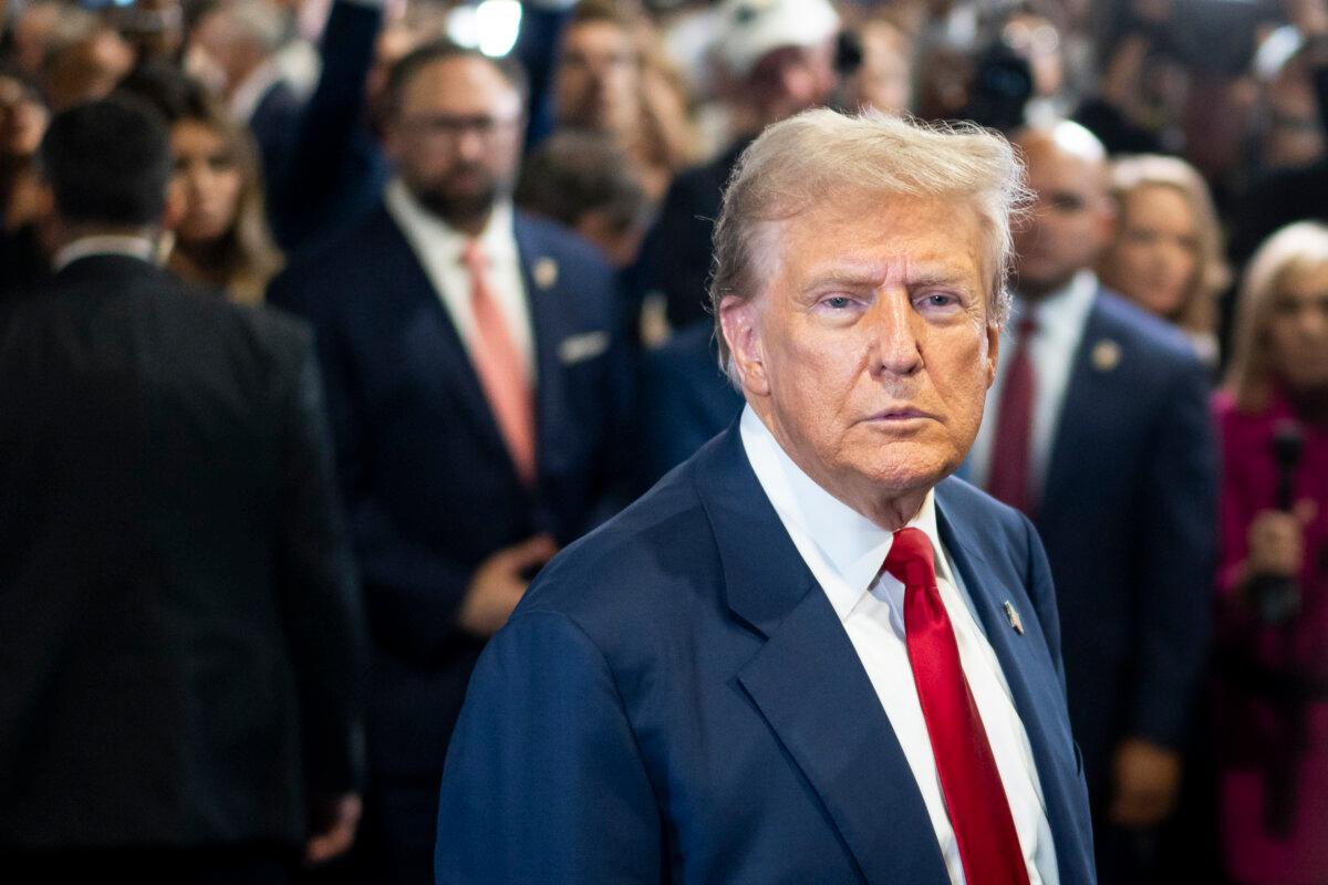 Republican presidential nominee former President Donald J. Trump speaks to reporters in the spin room after debating his opponent, Democratic presidential nominee Vice President Kamala Harris, in Philadelphia, Pa., on Sept. 10, 2024. (Madalina Vasiliu/The Epoch Times)
