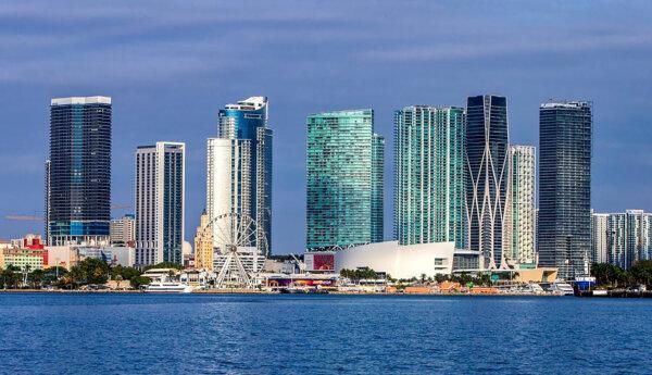 The Miami skyline, including the Bayside Marketplace, Freedom Tower, and Kaseya Center. (Pedro Portal/Miami Herald/TNS)