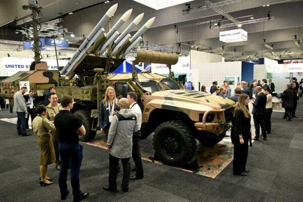 A Thales Protected Mobility Vehicle (PMV) carrying a Raytheon High Mobility Launcher is displayed at the Land Forces 2024 arms fair in Melbourne, Australia, on Sept. 11, 2024. (William West/AFP via Getty Images)