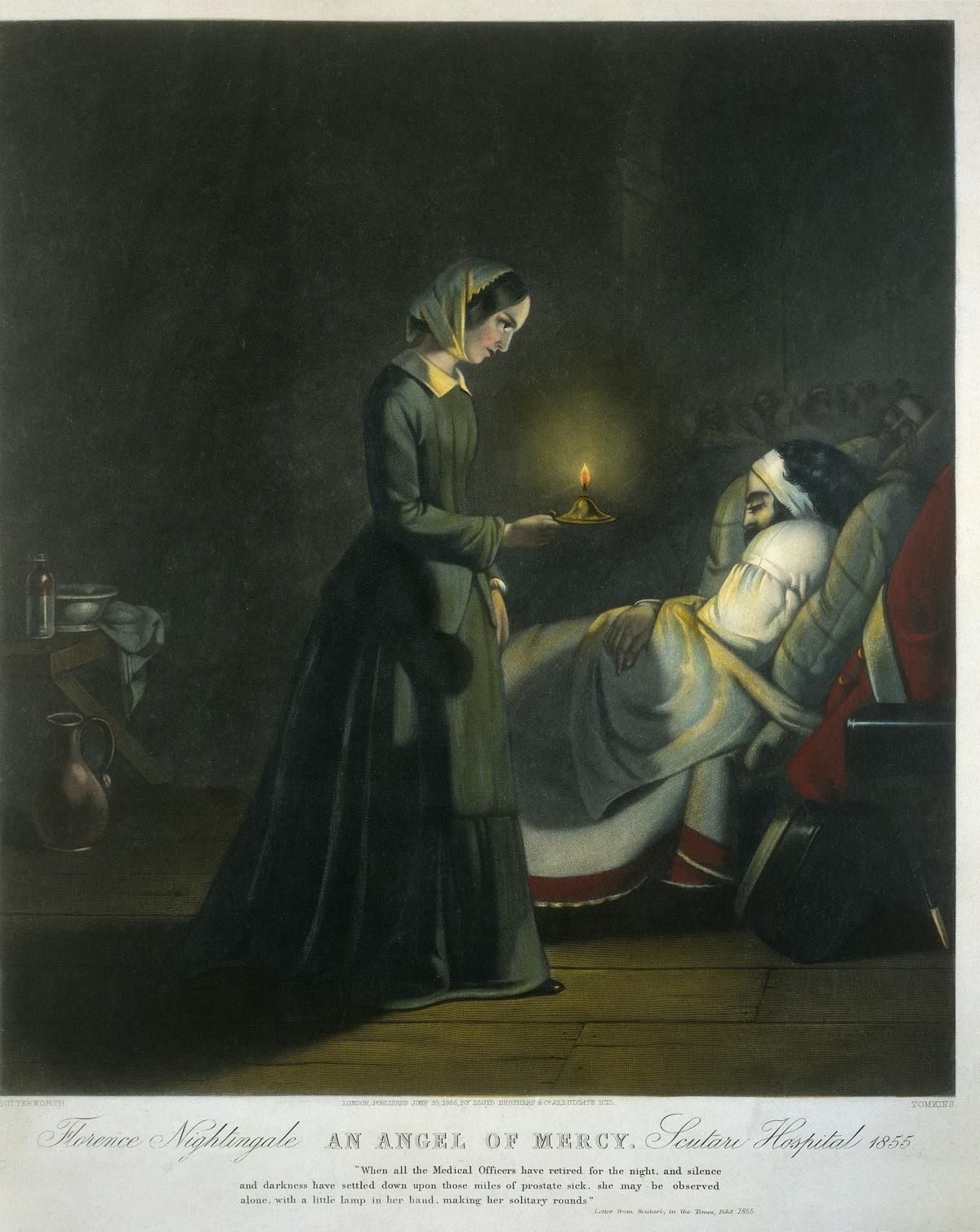 Florence Nightingale with her candle making a night round of the wards at Scutari hospital.<br/>(<a href="https://wellcomecollection.org/search/works">Wellcome Images</a>/<a href="https://en.wikipedia.org/wiki/Florence_Nightingale#/media/File:Coloured_mezzotint;_Florence_Nightingale,_Wellcome_L0019661.jpg" target="_blank" rel="nofollow noopener">CC BY 4.0</a>)