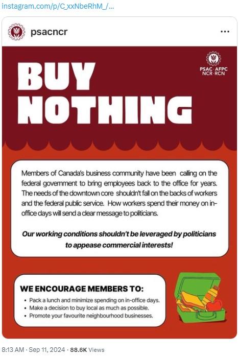 A union Instagram post that is no longer online calls on federal workers returning to the office to "pack a lunch and minimize spending."