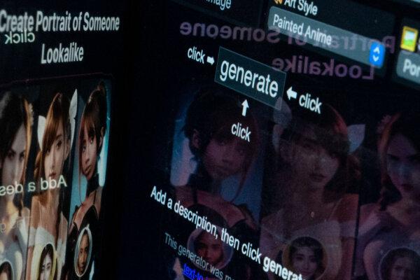 An AI girl generator reflected between a computer screen and cell phone in Washington, DC, on Nov. 16, 2023. (Stefani Reynolds/AFP via Getty Images)